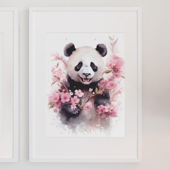 Watercolor Panda Bear With Flowers Portrait Wall Art Illustration Print Unframed - Picture 3 of 6